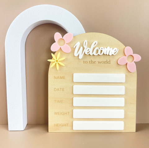 Birth Plaque - Welcome to the World - Floral Acrylic - Luma Light