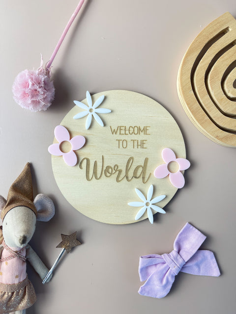 Welcome to the World - Pink & White Flowers - Birth Announcement Disc - Luma Light