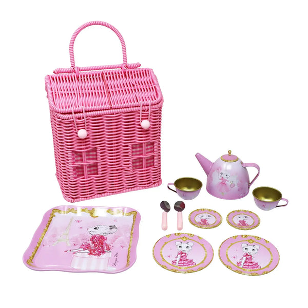 Claris Tea Set with Woven Basket - Pink Poppy