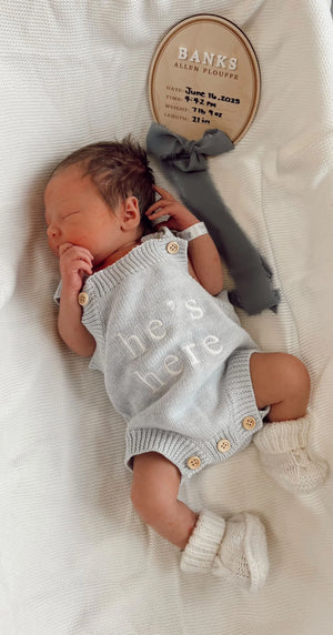 He's here - Mini Knit Romper - Powder Blue - Blossom & Pear