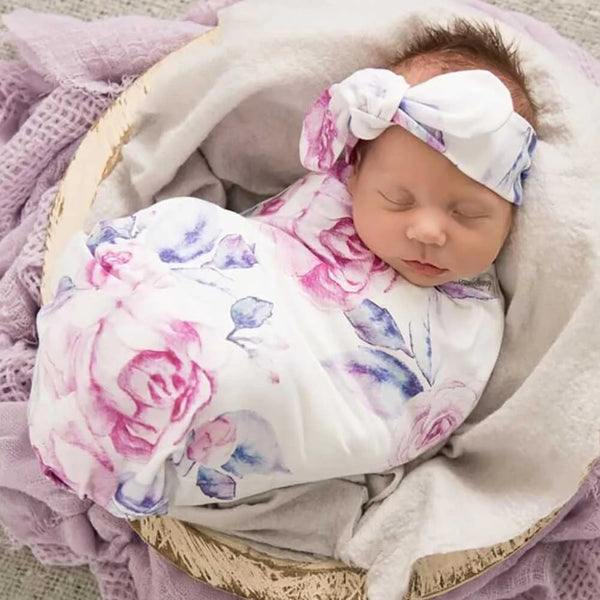 Lilac Skies Baby Jersey Wrap & Topknot Set - Snuggle Hunny