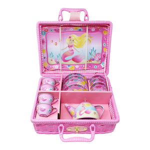 Mermaid 15 Pieces Tin Tea Set in Basket- Pink Poppy