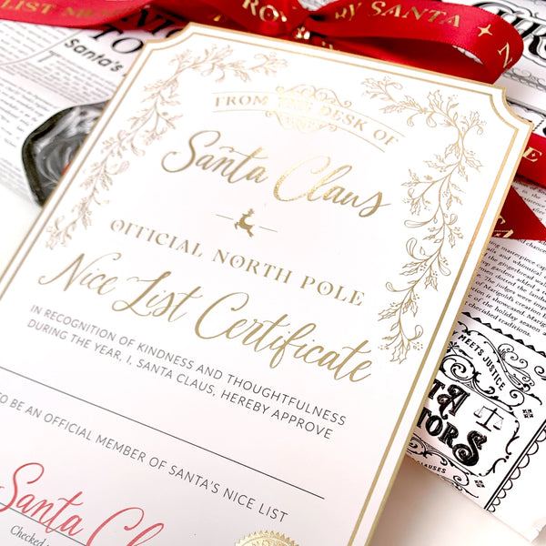 Santa's Nice List Certificate - Gold White - Black Bow Studio