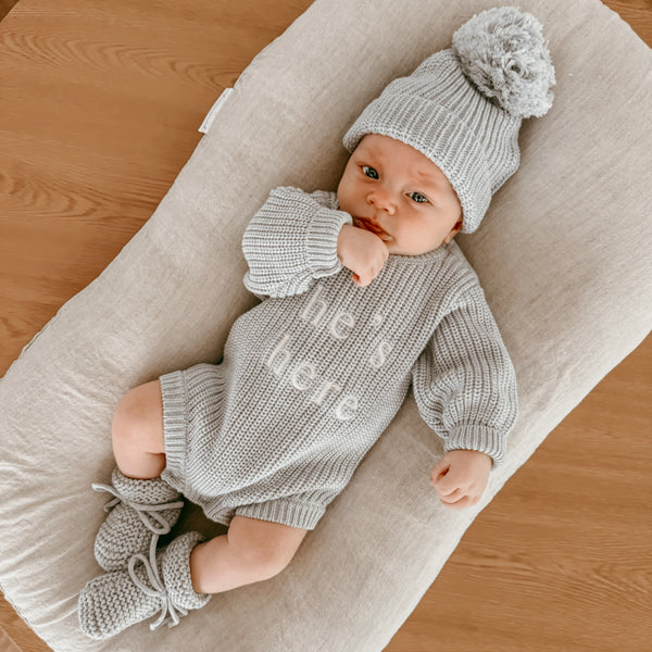 He's here - Long Sleeve Knit Romper - Powder Blue - Blossom & Pear