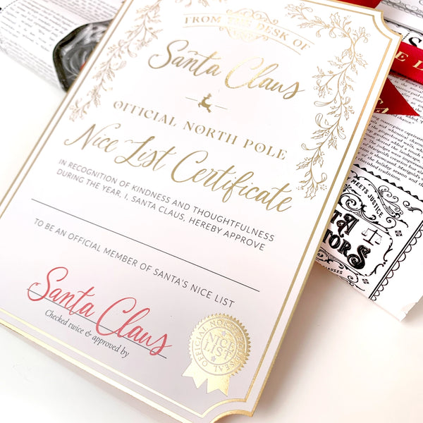 Santa's Nice List Certificate - Gold White - Black Bow Studio