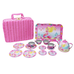 Mermaid 15 Pieces Tin Tea Set in Basket- Pink Poppy