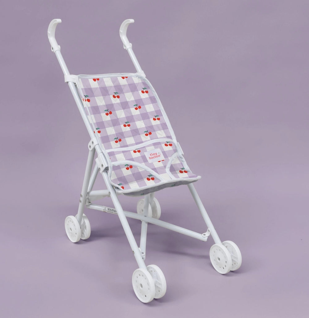 Folding Dolls Stroller - Lilac Gingham Cherry - Tiny Harlow