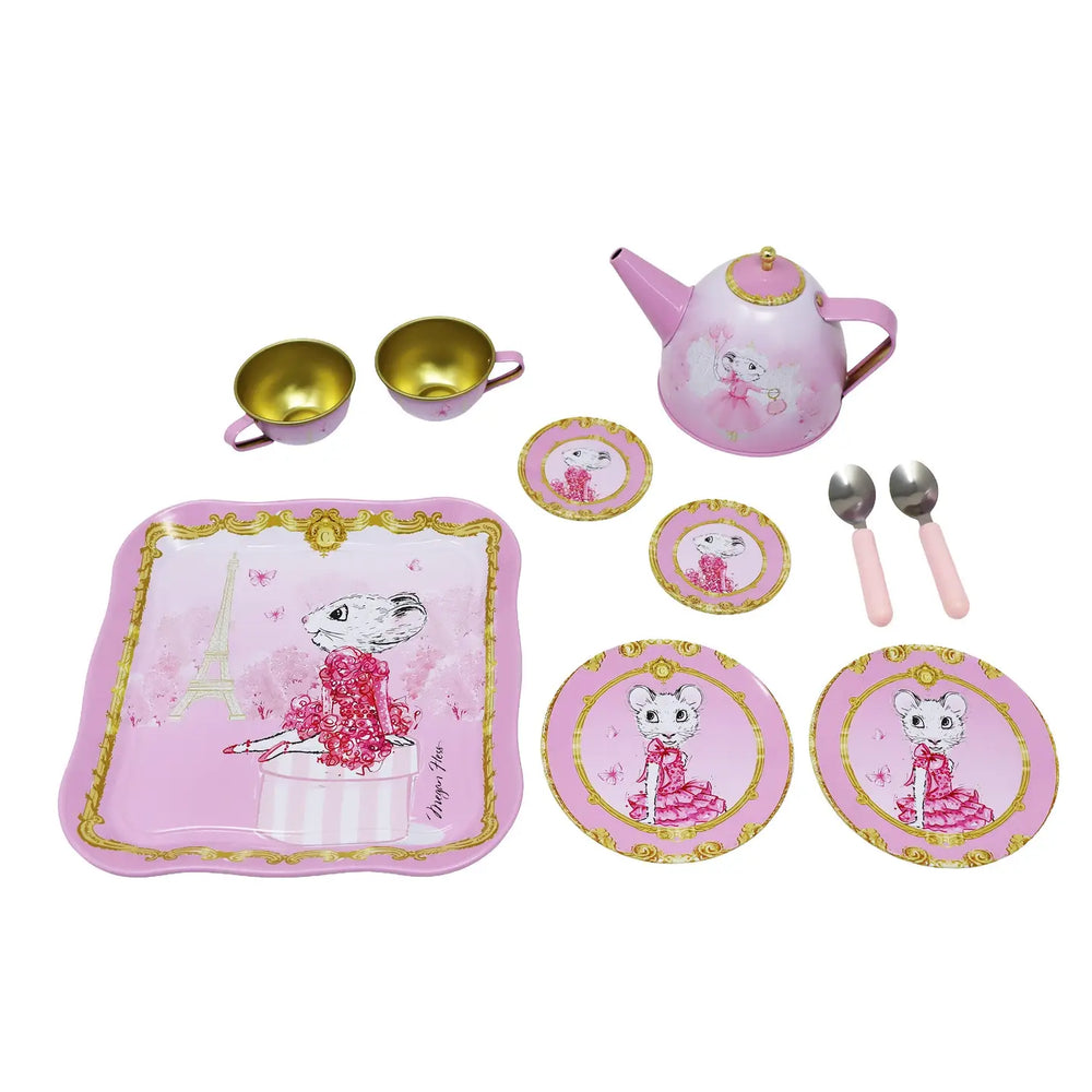 Claris Tea Set with Woven Basket - Pink Poppy
