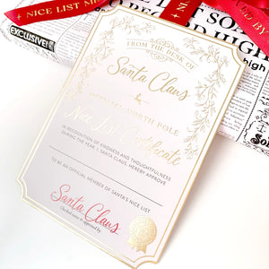 Santa's Nice List Certificate - Gold White - Black Bow Studio