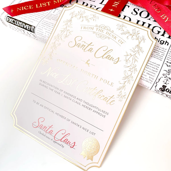 Santa's Nice List Certificate - Gold White - Black Bow Studio