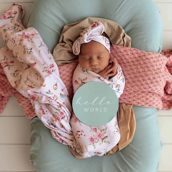 Alice’s Tea Party Organic Jersey Wrap & Topknot Set - Snuggle Hunny