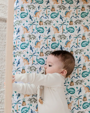 Waterproof Cot Sheet & Mattress Protector - Wild Dinosaurs - Bambella Designs