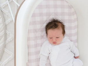 Small Oval/Moses/Snoo Fitted Waterproof Sheet | Blush Gingham - Bambella Designs