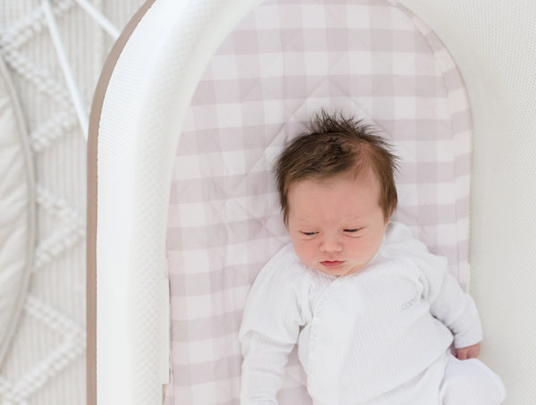 Small Oval/Moses/Snoo Fitted Waterproof Sheet | Blush Gingham - Bambella Designs