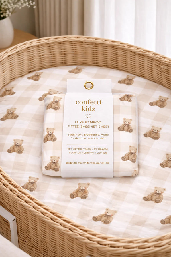 Gingham Teddy | Bassinett Sheet/Change Pad Cover - Confetti Kidz