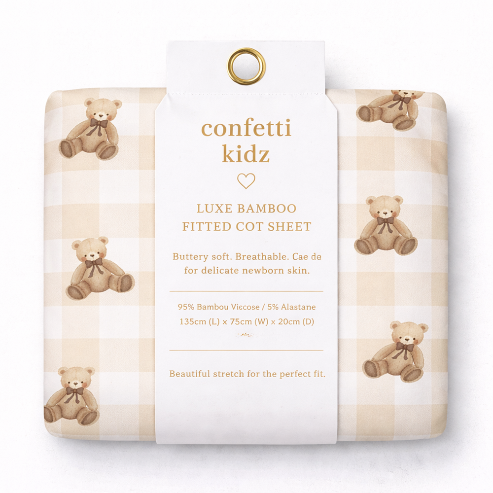 Gingham Teddy Fitted Bamboo Cot Sheet - Confetti Kidz