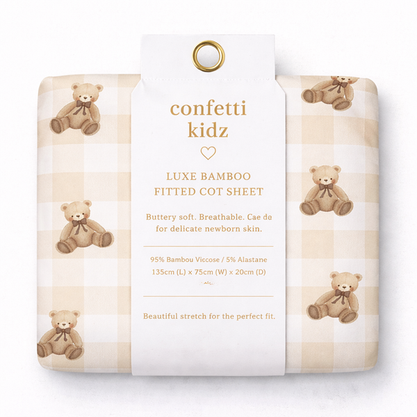 Gingham Teddy Fitted Bamboo Cot Sheet - Confetti Kidz