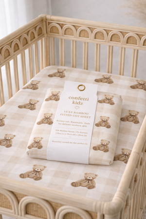 Gingham Teddy Fitted Bamboo Cot Sheet - Confetti Kidz