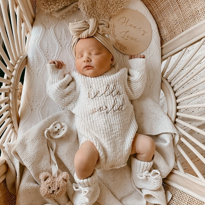 'Hello World' Chunky Knit Romper - Honey - Blossom & Pear