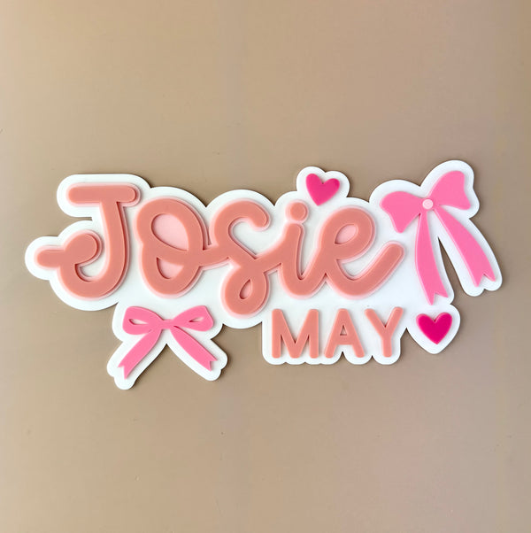 Custom Name Sign Detailed | Layered acrylic name plaque - Pink Bows - Luma Light