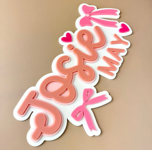 Custom Name Sign Detailed | Layered acrylic name plaque - Pink Bows - Luma Light