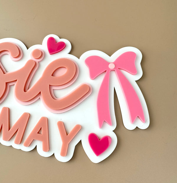 Custom Name Sign Detailed | Layered acrylic name plaque - Pink Bows - Luma Light