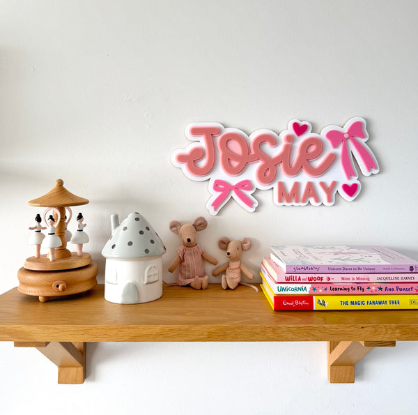 Custom Name Sign Detailed | Layered acrylic name plaque - Pink Bows - Luma Light