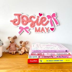 Custom Name Sign Detailed | Layered acrylic name plaque - Pink Bows - Luma Light