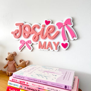 Custom Name Sign Detailed | Layered acrylic name plaque - Pink Bows - Luma Light