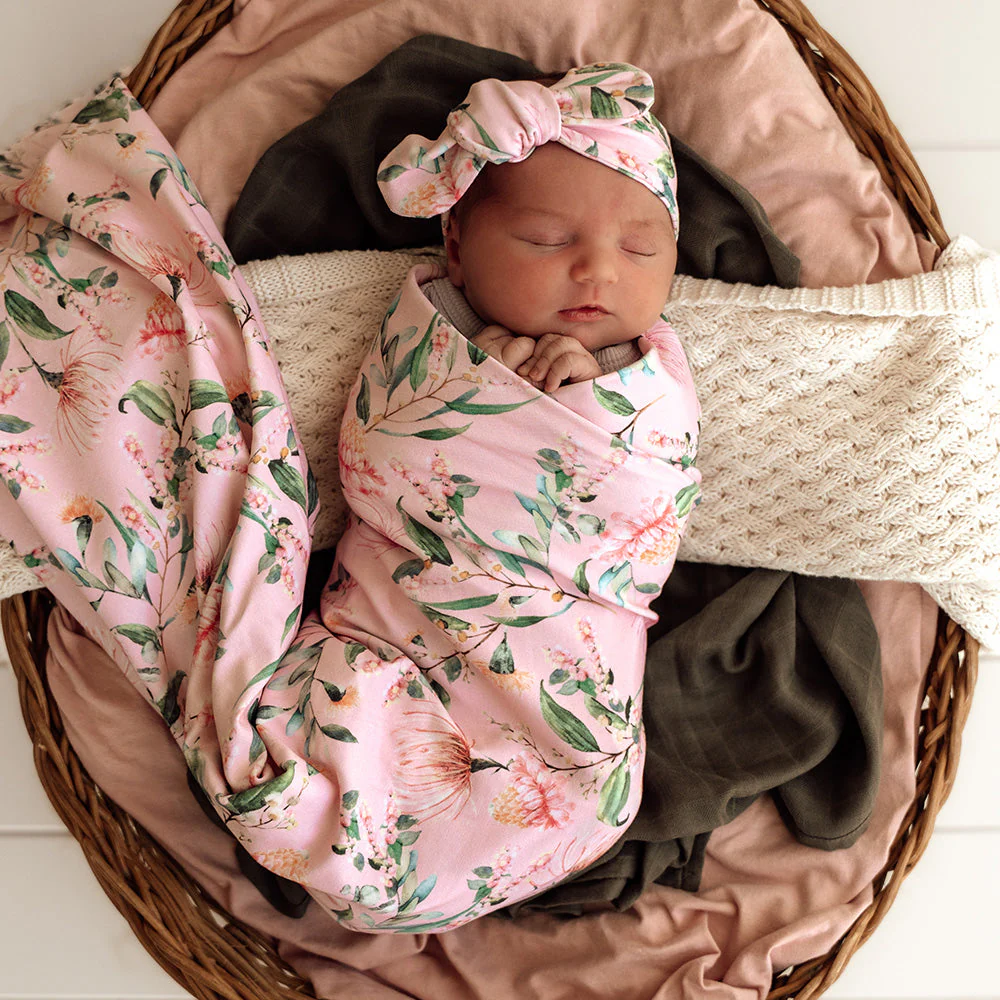 Pink Wattle Organic Jersey Wrap & Topknot Set - Snuggle Hunny