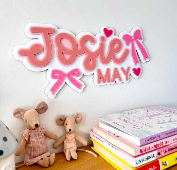 Custom Name Sign Detailed | Layered acrylic name plaque - Pink Bows - Luma Light