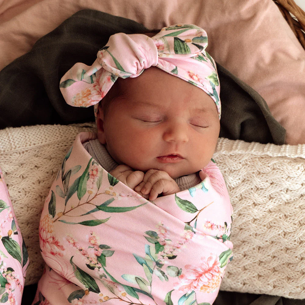 Pink Wattle Organic Jersey Wrap & Topknot Set - Snuggle Hunny