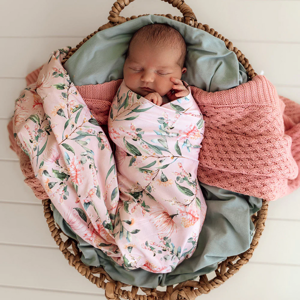 Pink Wattle Organic Jersey Wrap & Topknot Set - Snuggle Hunny