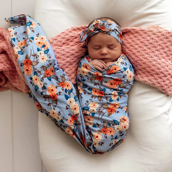 Vintage Blossom Organic Jersey Wrap & Topknot Set - Snuggle Hunny