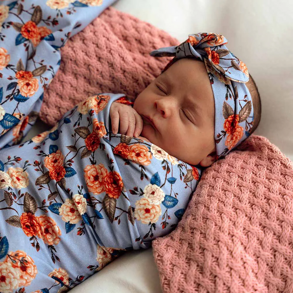Vintage Blossom Organic Jersey Wrap & Topknot Set - Snuggle Hunny