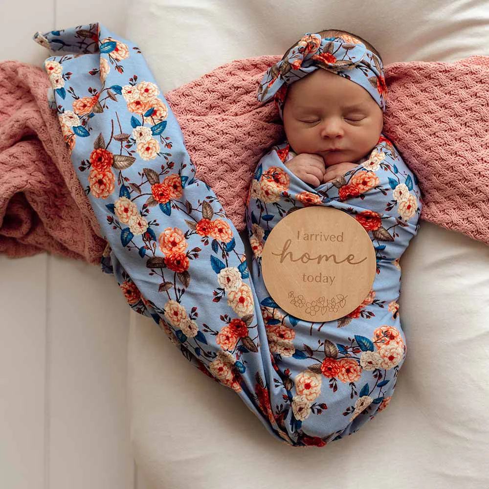 Vintage Blossom Organic Jersey Wrap & Topknot Set - Snuggle Hunny