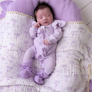 Muslin Blanket with Lace Trim - Lilac Bows - Confetti Kidz