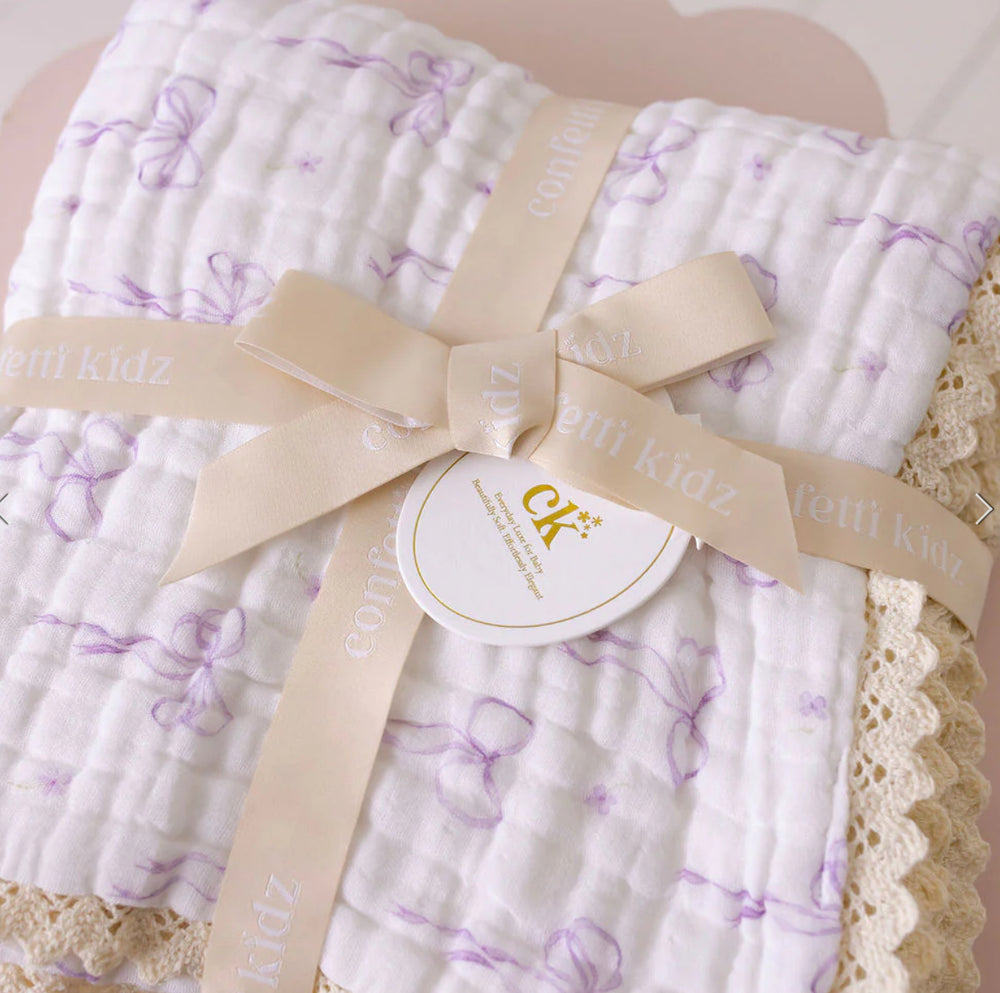 Muslin Blanket with Lace Trim - Lilac Bows - Confetti Kidz
