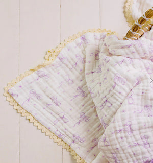 Muslin Blanket with Lace Trim - Lilac Bows - Confetti Kidz