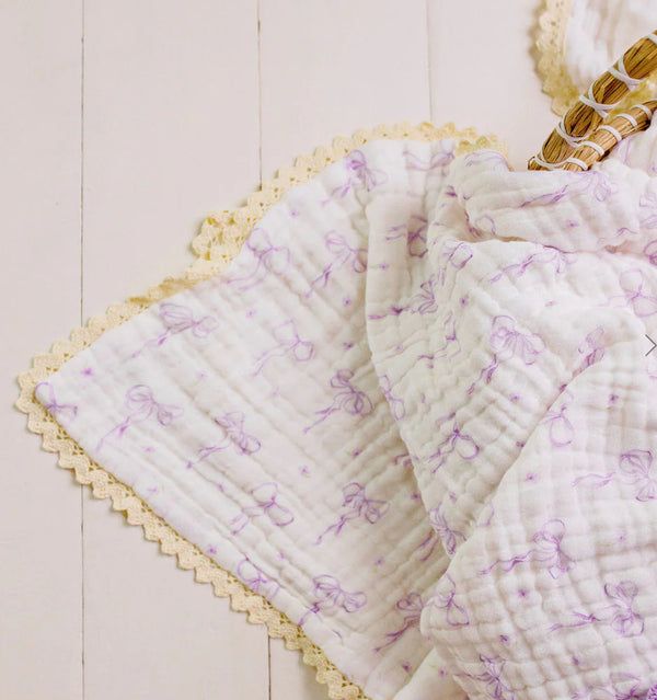 Muslin Blanket with Lace Trim - Lilac Bows - Confetti Kidz
