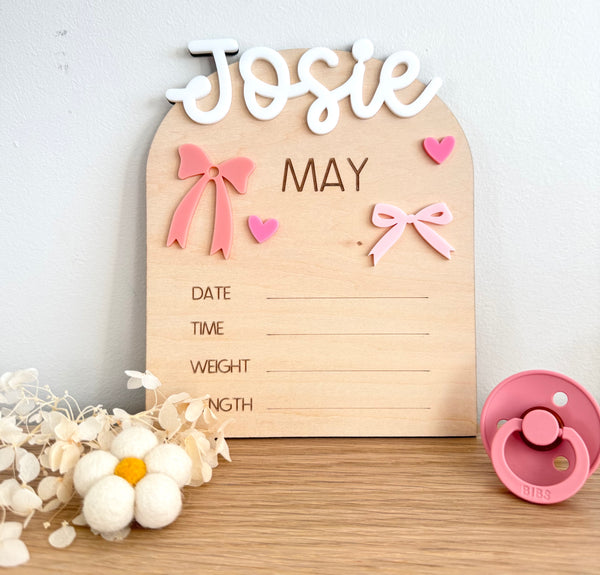 Custom Birth Announcement Plaque - Bows - Luma Light