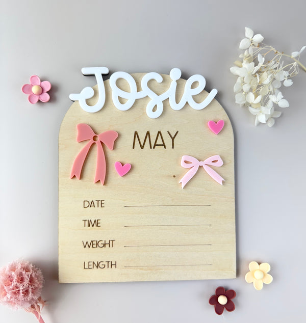 Custom Birth Announcement Plaque - Bows - Luma Light