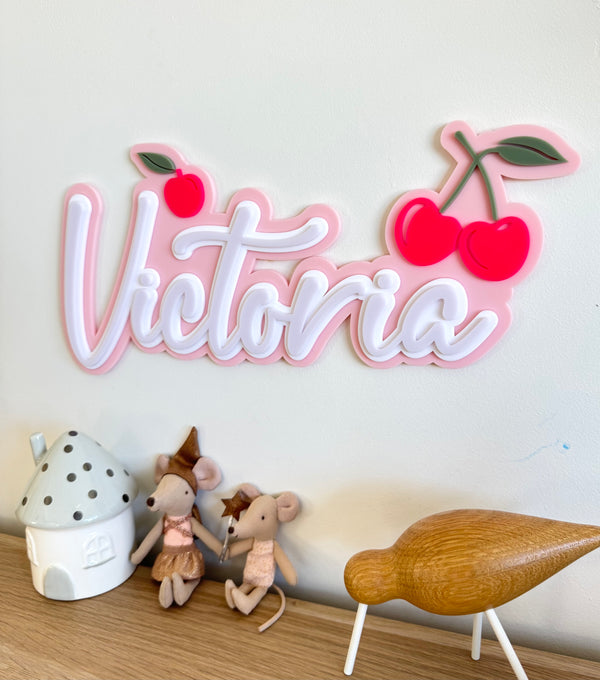 Custom Name Sign Detailed | Layered acrylic name plaque - Cherries - Luma Light