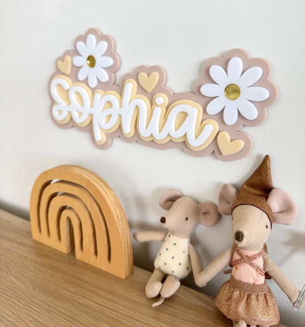 Custom Name Sign Detailed | Layered acrylic name plaque - Neutral Floral - Luma Light