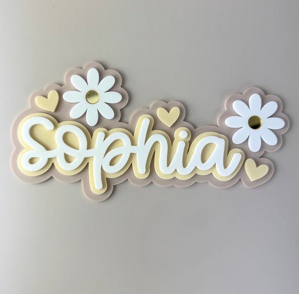 Custom Name Sign Detailed | Layered acrylic name plaque - Neutral Floral - Luma Light