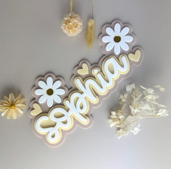 Custom Name Sign Detailed | Layered acrylic name plaque - Neutral Floral - Luma Light