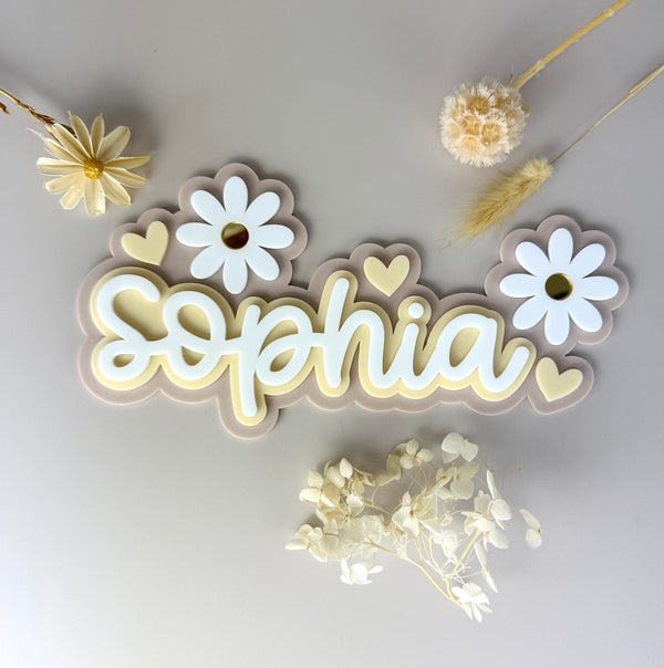 Custom Name Sign Detailed | Layered acrylic name plaque - Neutral Floral - Luma Light