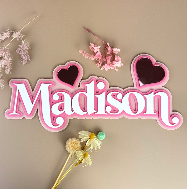 Custom Name Sign Detailed | Triple layered acrylic name plaque -  Hearts - Luma Light