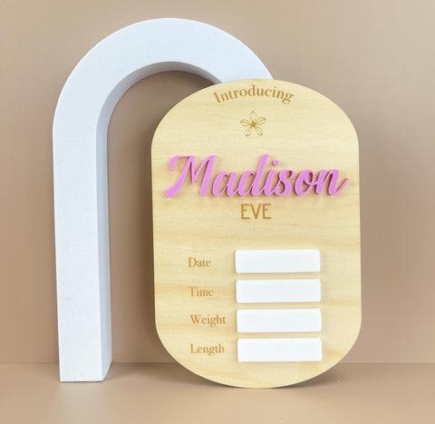 Personalised Birth Name Plaque - Your Babies Name Here - Berry Pink - Luma Light