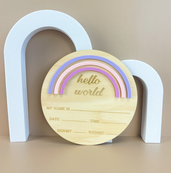 Hello World - Rainbow - Pink/Purple - Birth Announcement Plaque - Luma Light